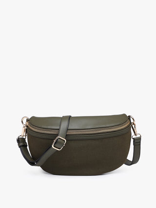 An olive green crossbody bag with a zippered front closure, adjustable shoulder strap, and gold-tone hardware, shown against a plain white background.