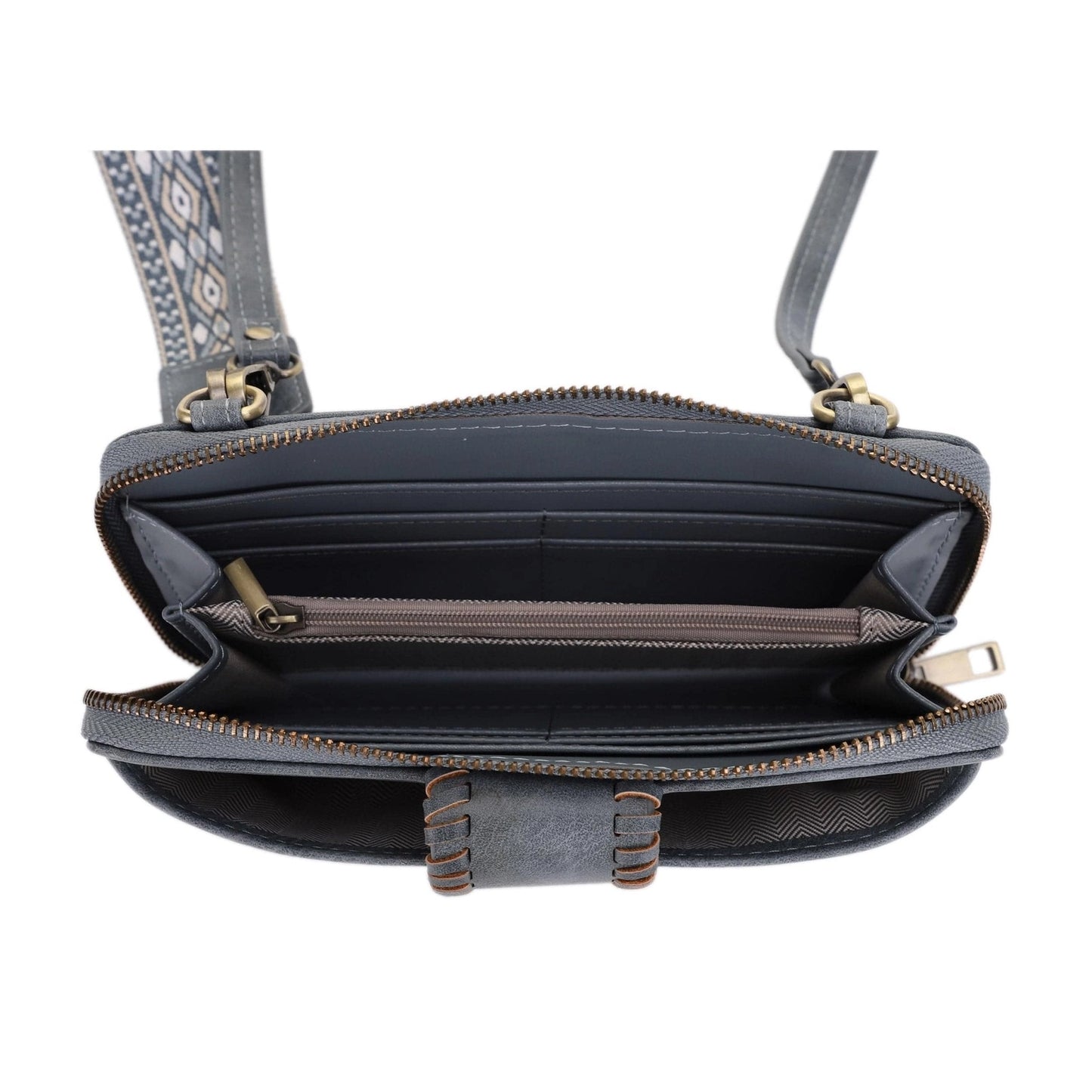 The interior of a wallet purse.