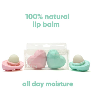Set of three lip balms in pink, green, and clear packaging on a white background with text '100% natural lip balm' and 'all day moisture'.