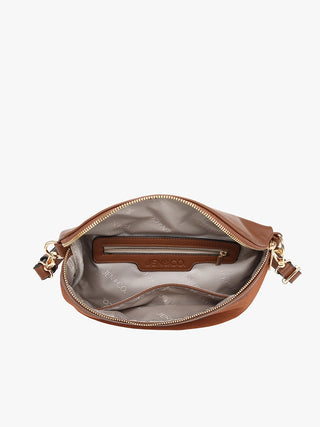 An open brown leather crossbody bag showing its interior, which features a light gray patterned lining, a zippered pocket, and gold-tone hardware.
