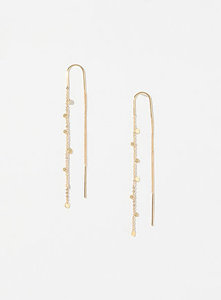A pair of gold-toned long dangle earrings with delicate chains and small disc charms, displayed against a clean white background.