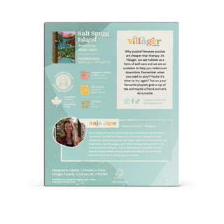 Village Puzzles packaging with branding and product details on a white background