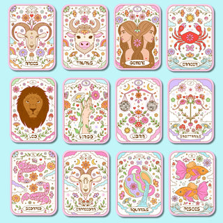 Illustrated zodiac cards with colorful designs on a light blue background