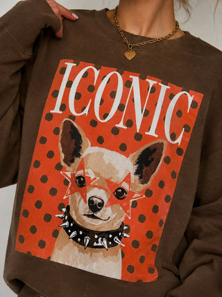 A person wearing a brown sweatshirt with a large graphic print featuring the word 'ICONIC' in white over an orange background with black polka dots, and a stylized dog illustration below.