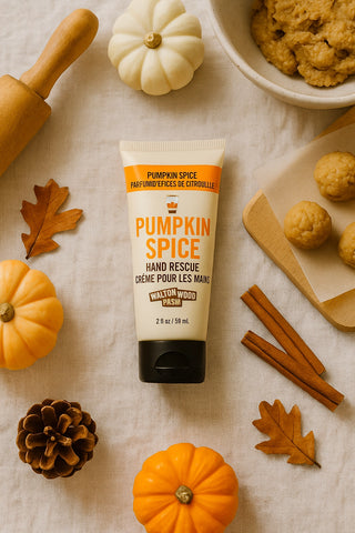 Tube of 'Pumpkin Spice' hand rescue cream surrounded by pumpkins, cinnamon sticks, and leaves on a neutral background.