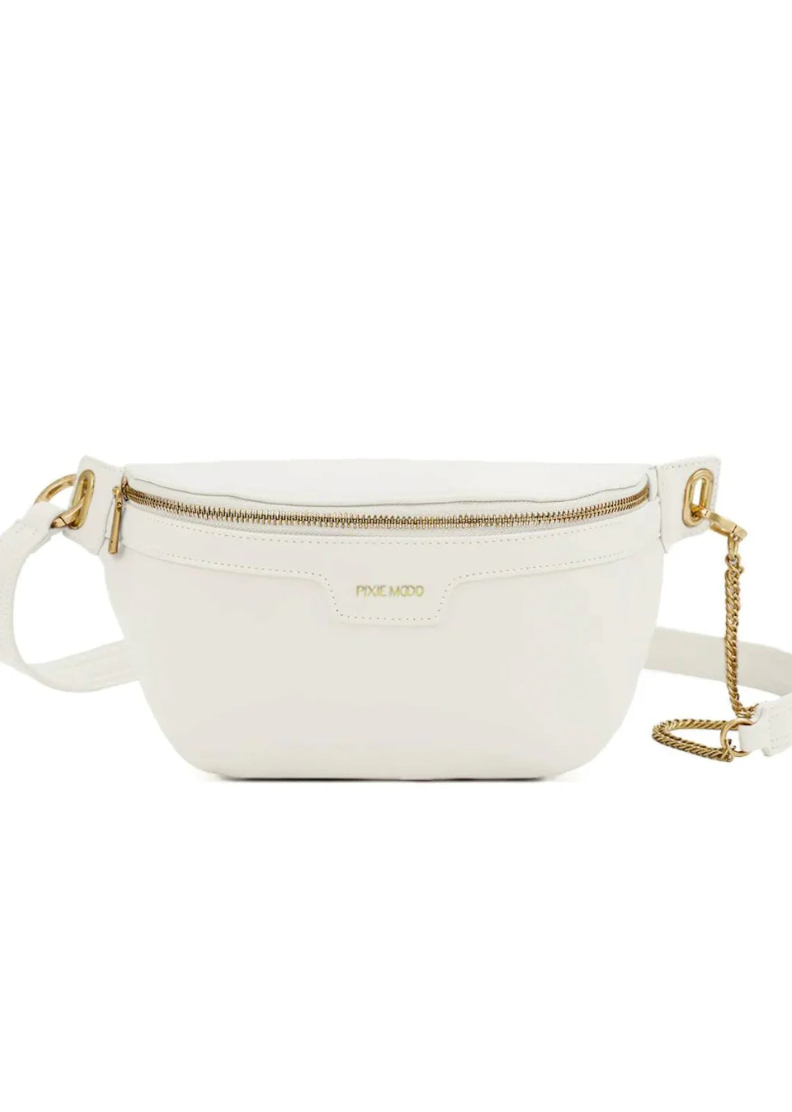 White waist bag with gold chain detail on a white background