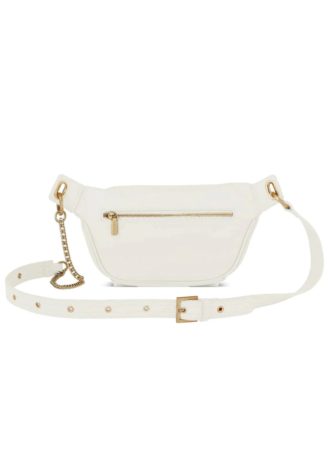 White waist bag with gold accents on a white background