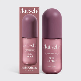 Kit-Sch Soft Santal hair perfume shown with its retail box and matching bottle, both in a dusty mauve-pink color, on a light gray background.