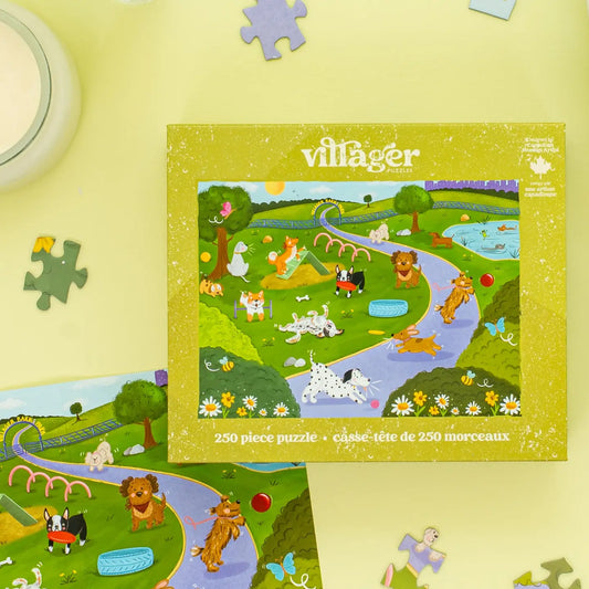 Villager puzzle box with cartoon animals and a yellow border on a yellow background