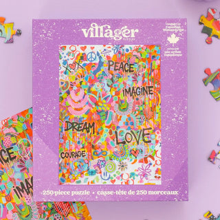 Villager puzzle box with colorful design and text on a purple background
