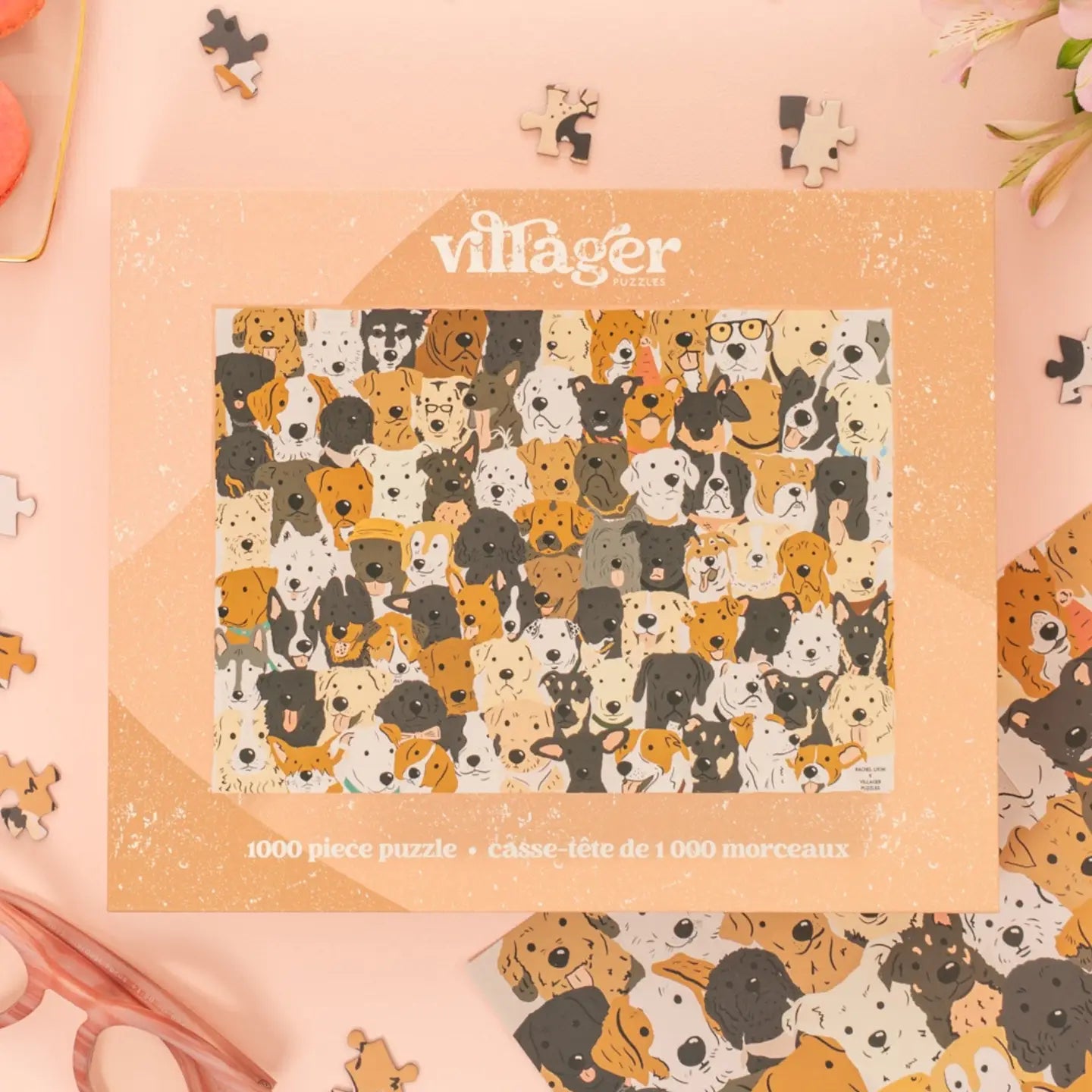 Villéger puzzle box with dog pattern on a pink background