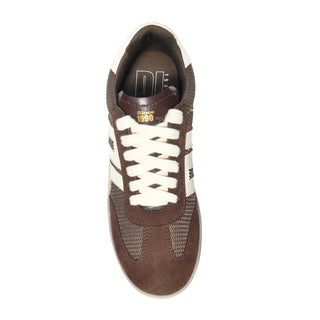 Brown sneaker with white laces on a white background