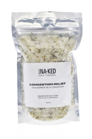 Package of Naked Soap Company magnesium salt soak for congestion relief on a white background