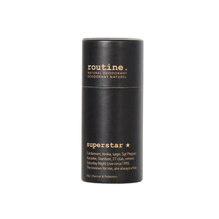 Routine Natural deodorant stick against a neutral background.