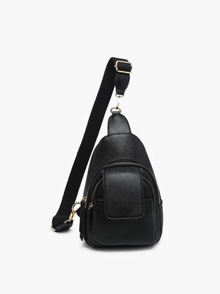 Black leather sling bag on a white background