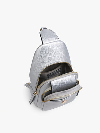 Silver backpack with open front pocket on a white background