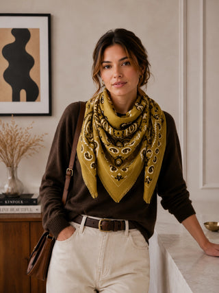 A women wearing a bandana scarf in a living room setting. 