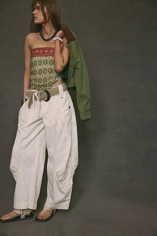 women wearing wide leg white cargo pants 