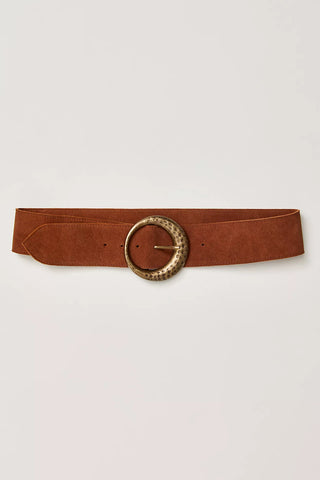 Brown belt with a gold buckle on a light gray background