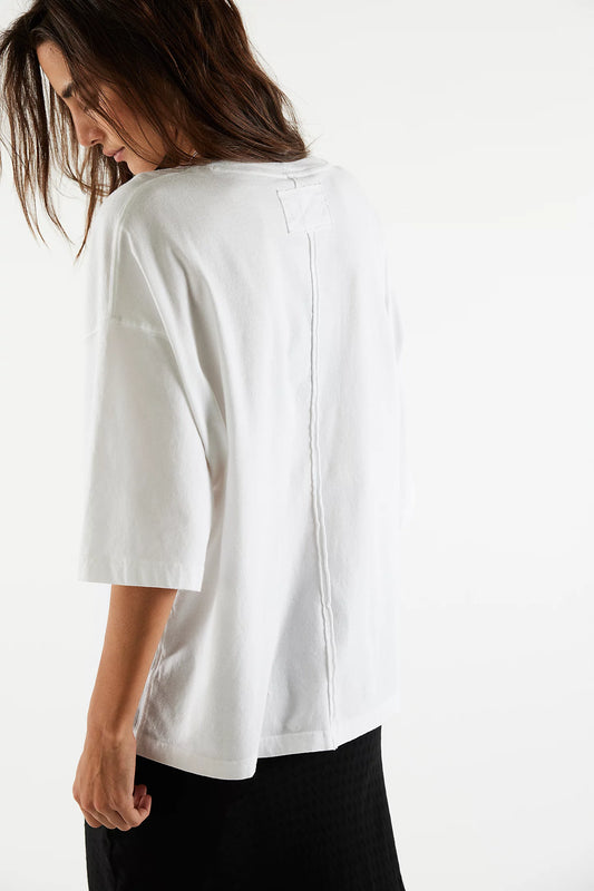 Woman wearing a white blouse with a plain background