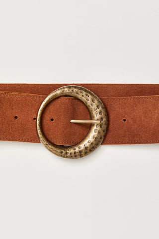 Brown belt with a large gold buckle on a white background