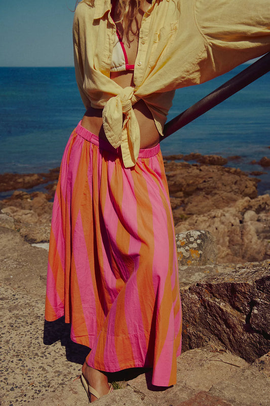 Person wearing a yellow jacket and colorful skirt standing on rocks by the ocean.