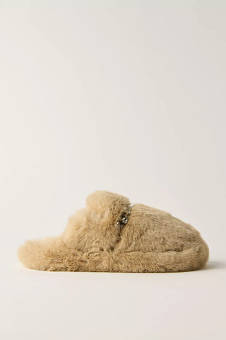 A single navy blue leather slide sandal with a brown sole, shown in a side profile view against a plain white background.