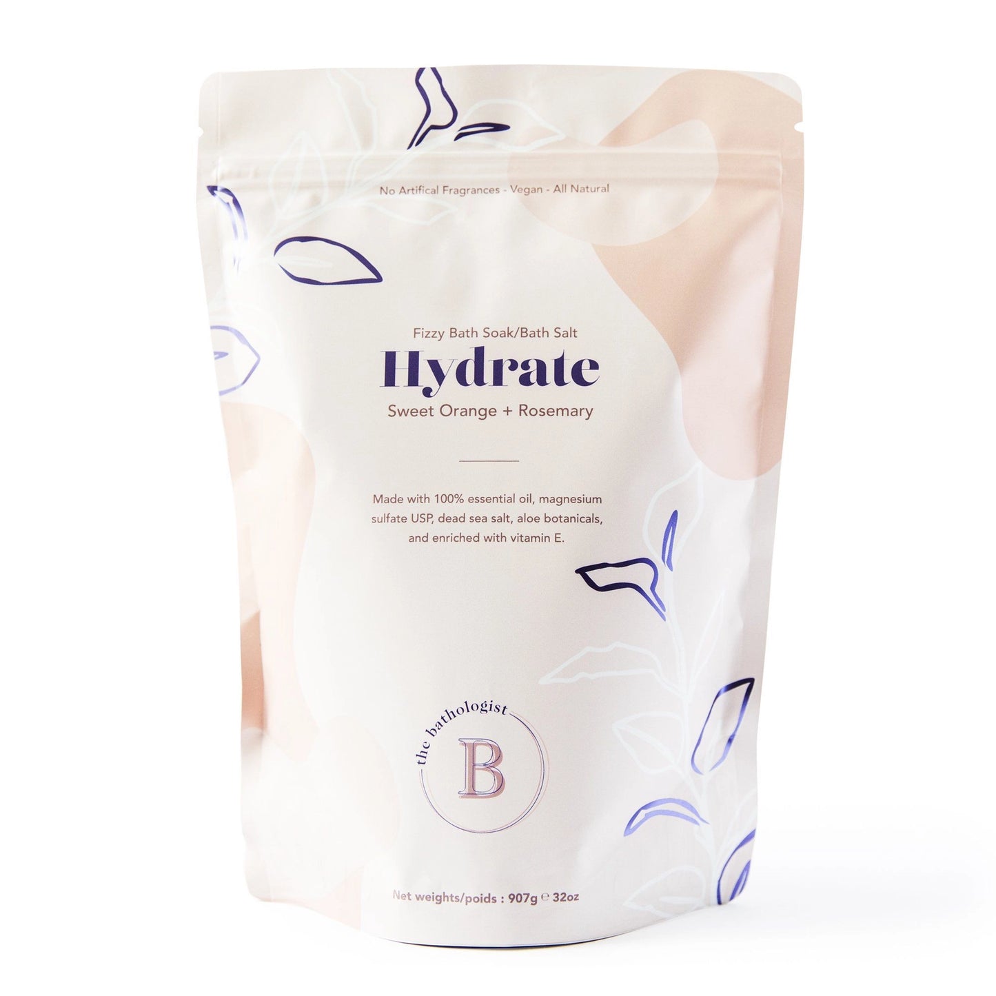 Packaging of 'Hydrate' bath salt with branding on a white background
