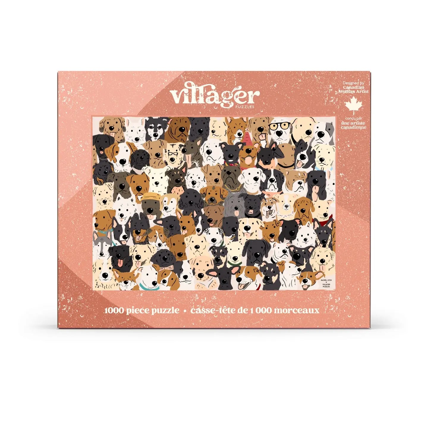 Villager 1000 piece puzzle packaging with dog illustrations on a pink background