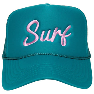 Teal cap with pink 'Surf' text on a white background