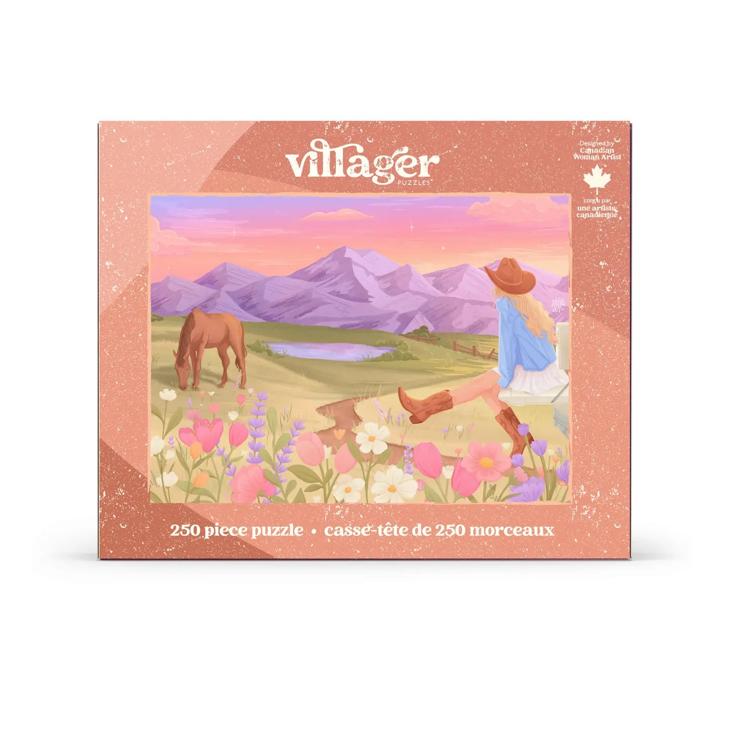 Villager puzzle box with a scenic illustration of a woman, horse, and mountains.