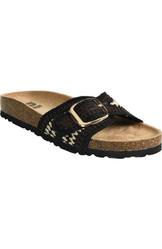 Black sandal with a gold buckle on a white background