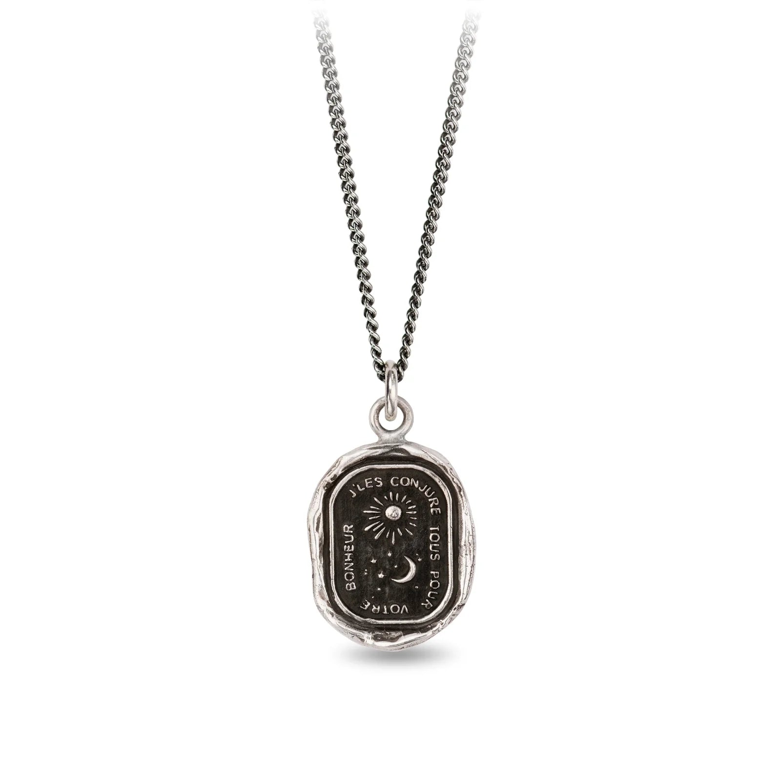 Silver necklace with an oval pendant on a white background