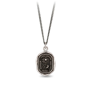Silver necklace with an oval pendant on a white background