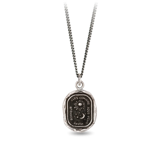 Silver necklace with an oval pendant on a white background