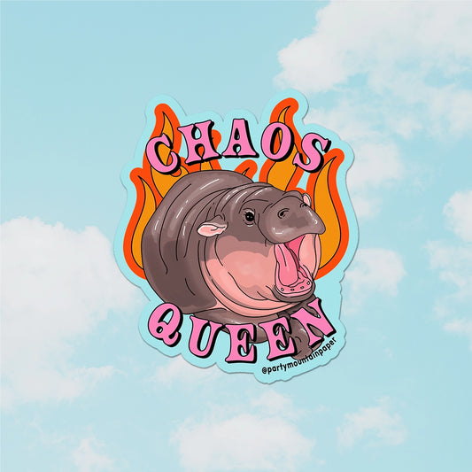 Sticker of a cartoon animal with 'Chaos Queen' text against a cloudy sky background