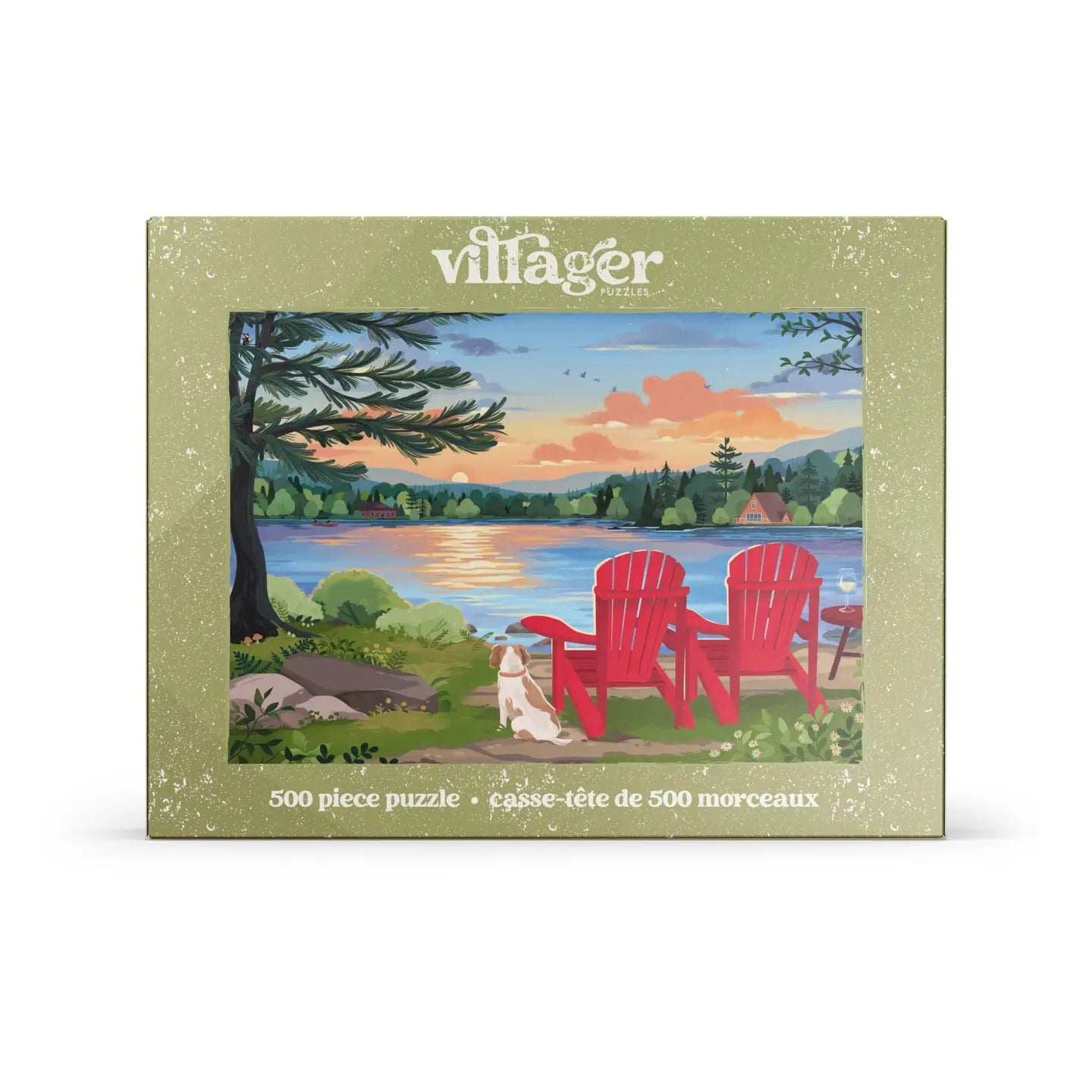 Villager puzzle box with a scenic design of two red chairs and a dog by a lake.
