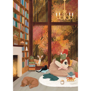 Illustration of a cozy living room with a person reading a book, surrounded by books and autumn decorations.