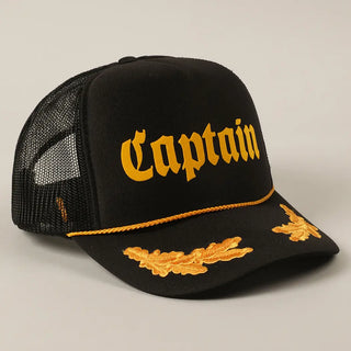 Black cap with 'Captain' text and gold embroidery on a light gray background