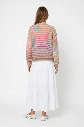 A woman shown from the back wearing a pastel striped knit sweater with horizontal bands of pink, orange, yellow, and blue, paired with a long white tiered skirt and white shoes, against a light gray studio background.