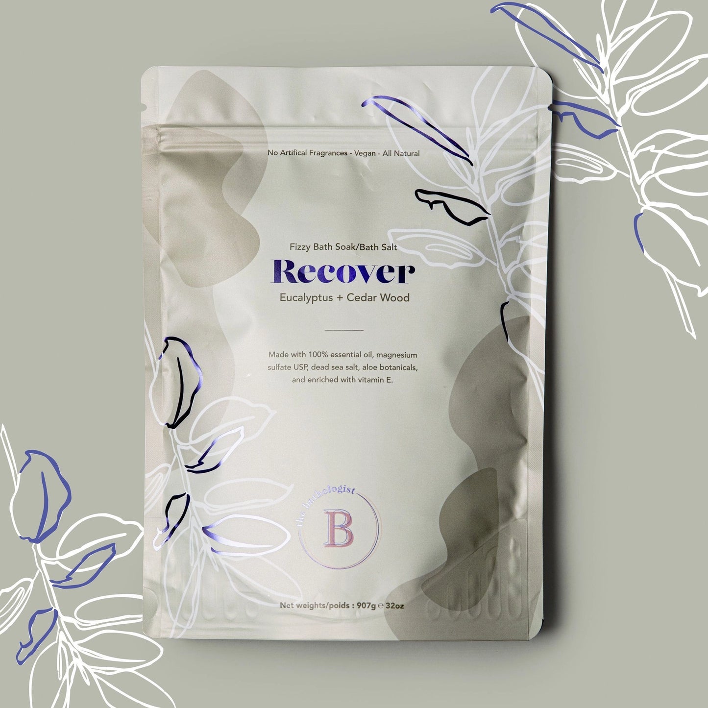 Packaging of a product labeled 'Recover' with leaf designs on a light gray background