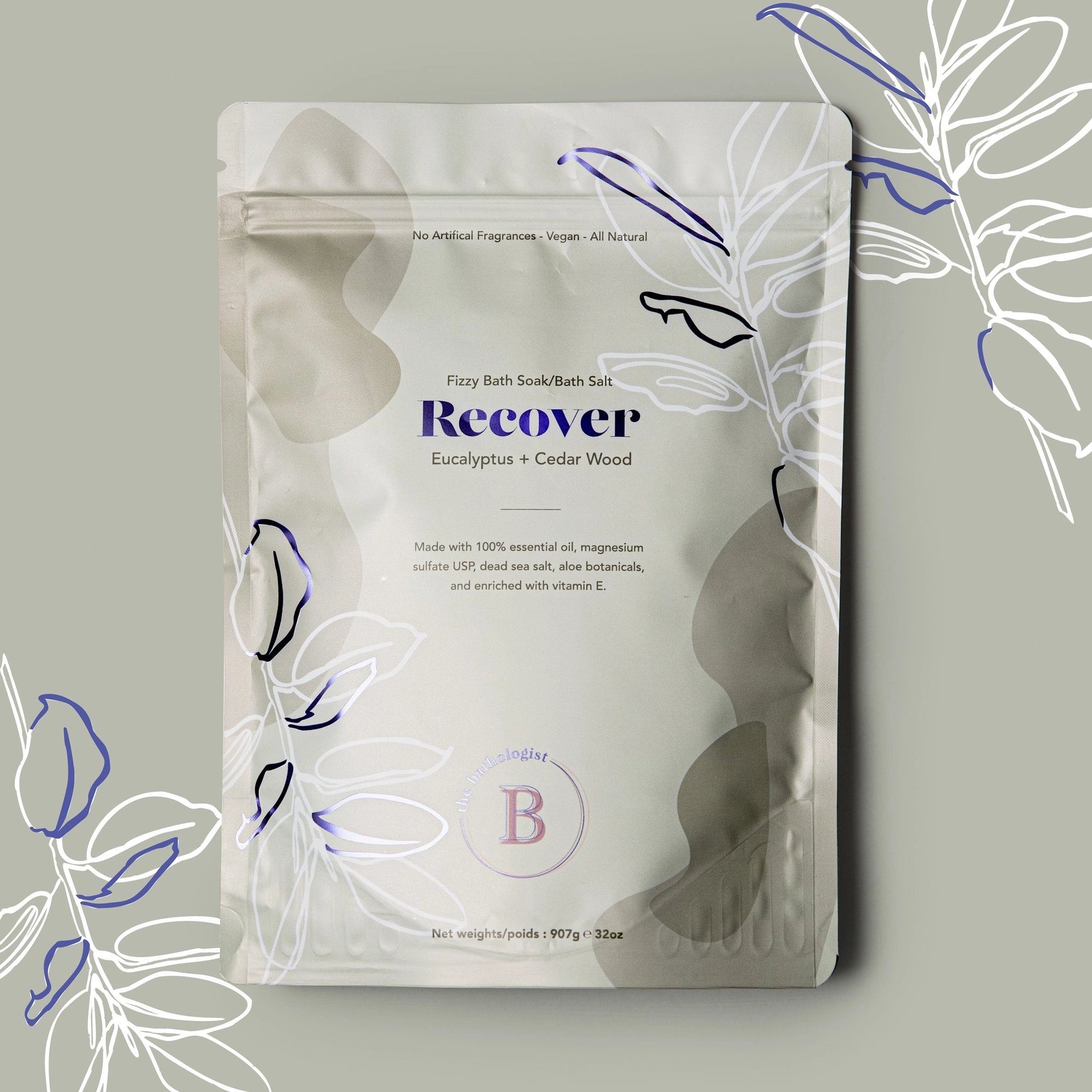Packaging of a product labeled 'Recover' with leaf designs on a light gray background