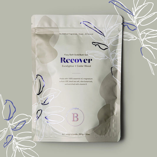 Packaging of a product labeled 'Recover' with leaf designs on a light gray background