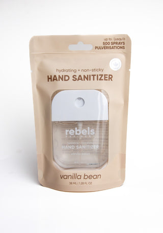 Hand sanitizer packaging with vanilla bean flavor on a white background