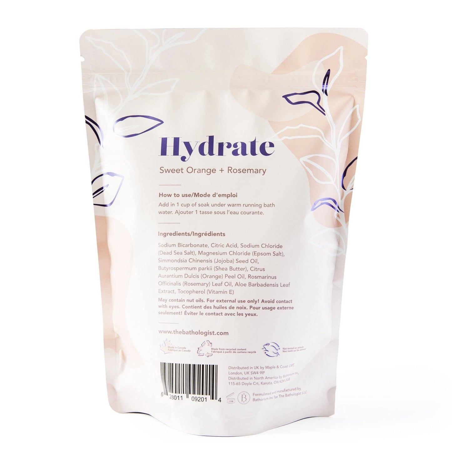 Package of 'Hydrate' bath salts with branding and product details on a white background
