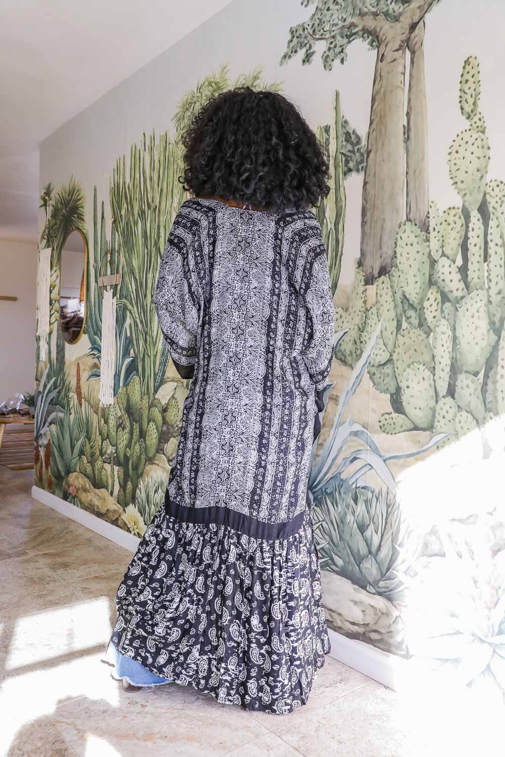 Women in long bohemian kimono shawl cover up