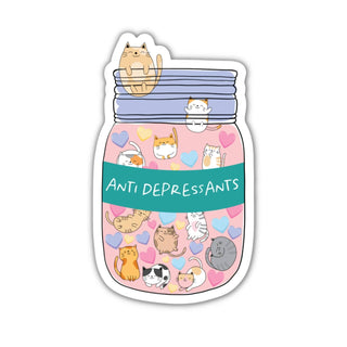 a sticker with the phrase antidepressants on a pill bottle filled with cats