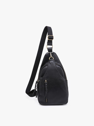 Black leather sling bag on a white background