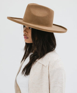 a women wearing a brown fedora hat