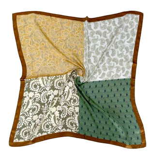 Four-section fabric sample with different patterns and colors on a white background
